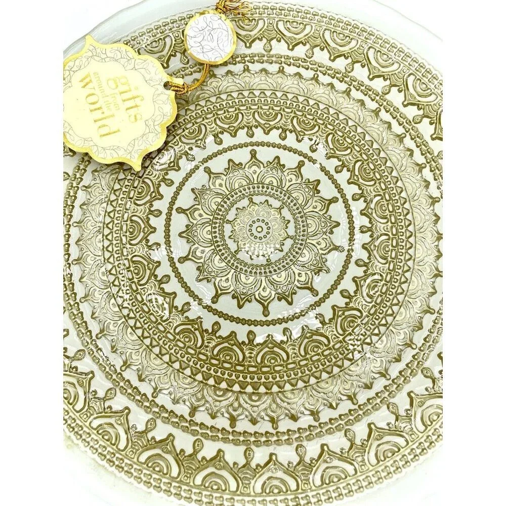 TURKISH GLASS White Entrée Plates Hand Painted Gold Lace Set of 4 NWT Glass